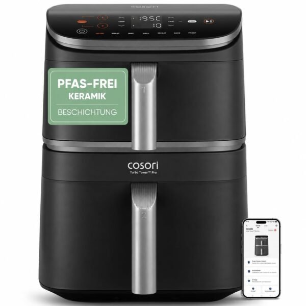 COSORI Turbo Tower Pro Smart Airfryer, 10,8L Keramikbeschichtung Heißluftfritteuse, DualBlaze-Technologie und WLAN-Steuerung, Silbergrau, Grau Silber
