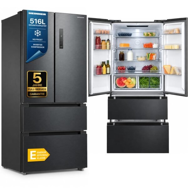 HEINNER HCFD-M516INVHDXE++ French‑Door Kühlschrank – 516 L Gesamtvolumen, Full No‑Frost, Inverter‑Kompressor, LED‑Touch‑Display, Dark Inox, Energieklasse E, 5‑Jahres-Garantie (Anthrazit)