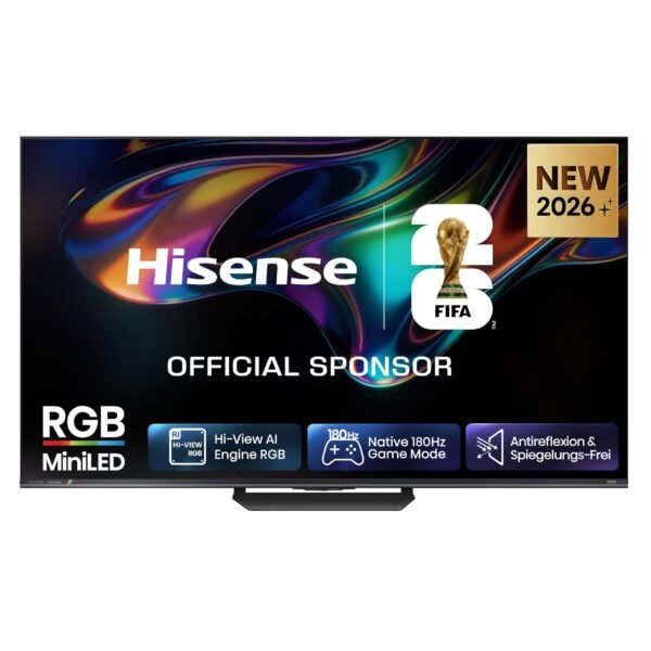 Hisense 85UR8DS Fernseher 85 Zoll, 4K UHD, RGB Mini LED, Smart TV, 180Hz, Hi-View AI Engine RGB, Dolby Vision.Atmos, AI RGB Lichtsensor, AI 4K Upscaler, AMD FreeSync Premium Pro, Tuned by Devialet