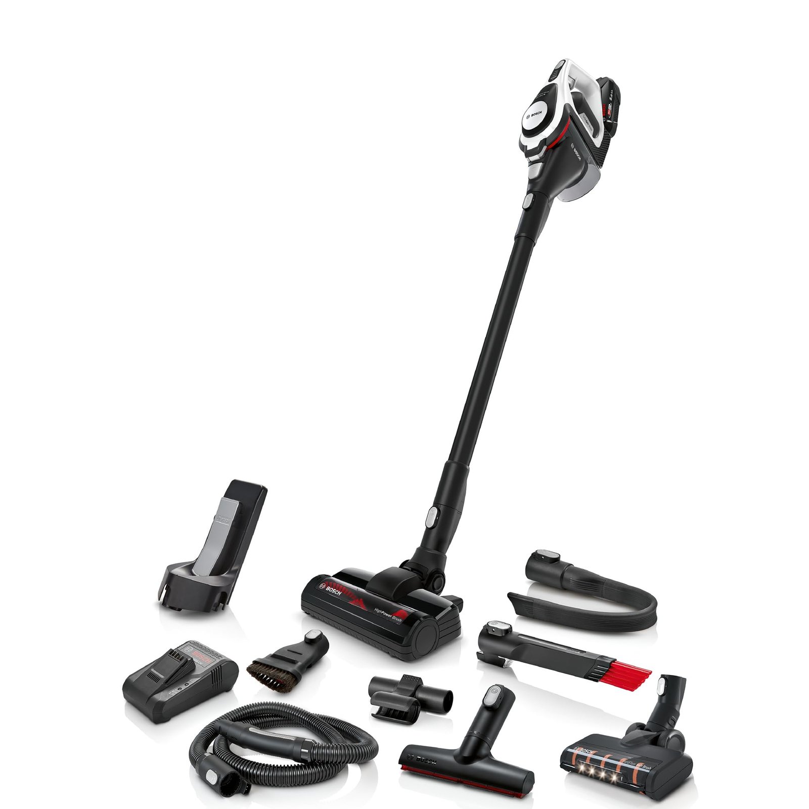 719pJFBZcNL Bosch Akku-Staubsauger Unlimited Gen2 Serie 8 BSS825ALL, beutellos, bis 45 Min Laufzeit, austauschbarer Akku, Schnellladegerät, Hartboden-Softdüse mit LED, XXL-Polsterdüse, Fugendüse, weiß – Bild 1