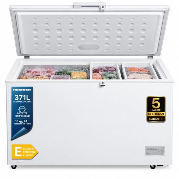 HEINNER HCF‑HM371CE++ – Gefriertruhe 371 L – Energieeffizienzklasse E – Elektronische Steuerung, Schnellgefrierfunktion, LED‑Innenbeleuchtung & Display, Weiß – 5 Jahre Garantie