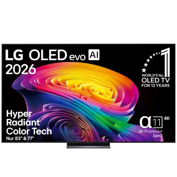 LG OLED77C6ELB 4K OLED Evo AI TV, 77 Zoll, α11 Gen3 Prozessor, webOS 26, 120Hz, VRR bis zu 165Hz, Modelljahr 2026, Energieklasse E