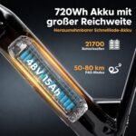 Bodywel F20 E Bike Herren Damen, 20x3.0“ E Fatbike Elektrofahrrad City Mountain,70-80km Reichweite, 48V 15Ah Akuu, 250W Heckmotor, 4,5“ LED Display, 7-Gang-Getriebe, Federgabel (Schwarz) – Bild 3