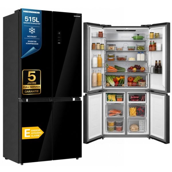 HEINNER HSBS-M515MDINVHGBKE++ Side-by-Side Kühl-Gefrierkombination, 515 L, No Frost, Inverter-Kompressor, Energieklasse E, Touch-Display, Vario Temp, Super Cooling, Super Freezing, Schwarzes Glas