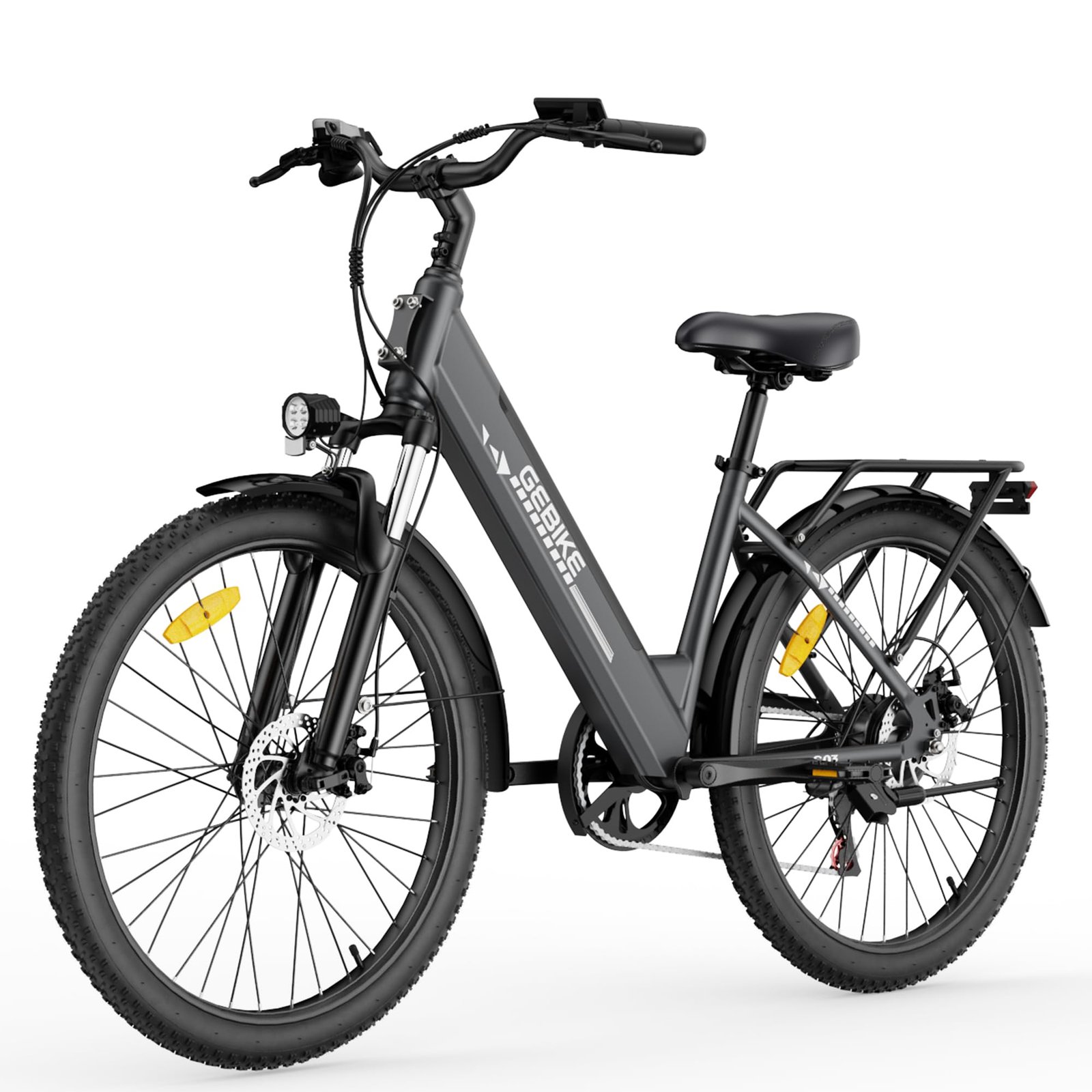 71e8rPFaPOL GEBIKE E Bike Damen Herren, 26 Zoll Elektrofahrrad bis zu 90 km Reichweite, 250W Motor 55 Nm, 36V 13Ah Akku, Shimano 7-Gang Schaltung,Scheibenbremsen, für Pendeln, Einkaufen und Freizeit - Grau – Bild 1