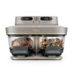 Ninja CRISPi DualZone Glas Air Fryer, Heißluftfritteuse mit 2 Körben, 8 Funktionen, zwei Gerichte gleichzeitig zubereiten, PFAS-freie Glasbehälter, Stein Gold DD103EUSD1