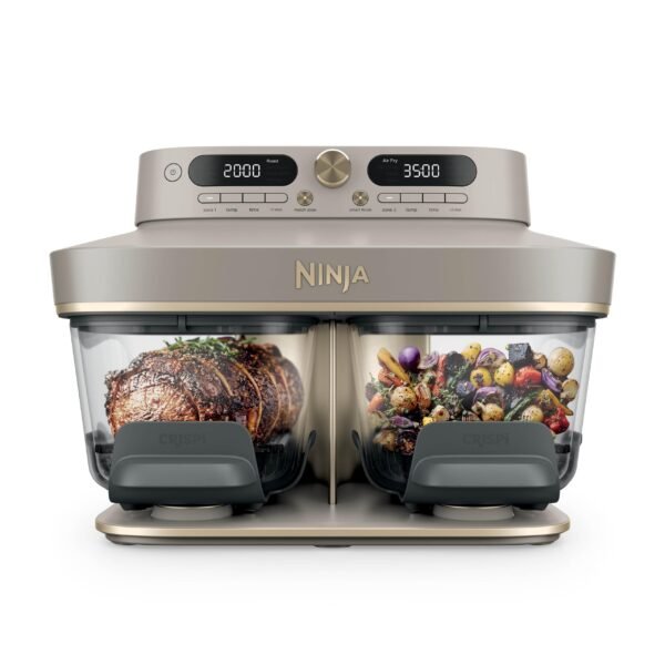 Ninja CRISPi DualZone Glas Air Fryer, Heißluftfritteuse mit 2 Körben, 8 Funktionen, zwei Gerichte gleichzeitig zubereiten, PFAS-freie Glasbehälter, Stein Gold DD103EUSD1