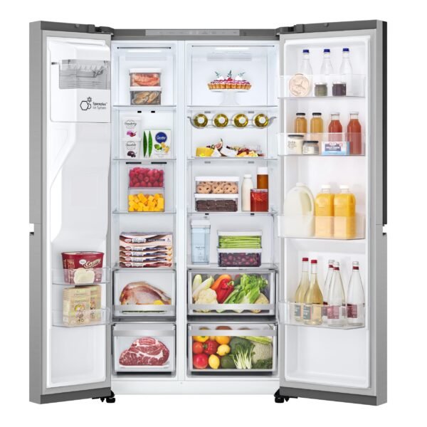 LG GSJE81PYBD Side-by-Side Kühlschrank mit Gefrierfach (628 L, Energieklasse D) mit Eis- und Wasserspender, UVNano, DoorCooling+, Smart Inverter Compressor, Silber