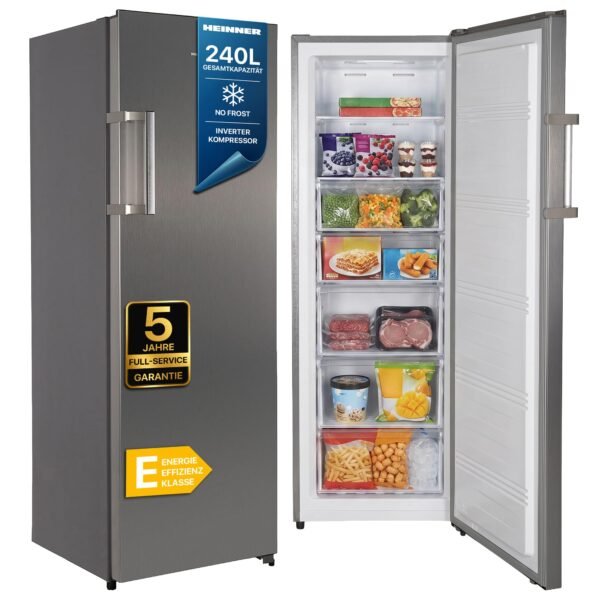 HEINNER Gefrierschrank HFF-HS240NFXE++, 240 L, Energieklasse E, Full No Frost, Inverter-Kompressor, Multi Air Flow, digitales Display, Super Freezing, 7 Gefrierfächer, LED-Licht, Inox-Look